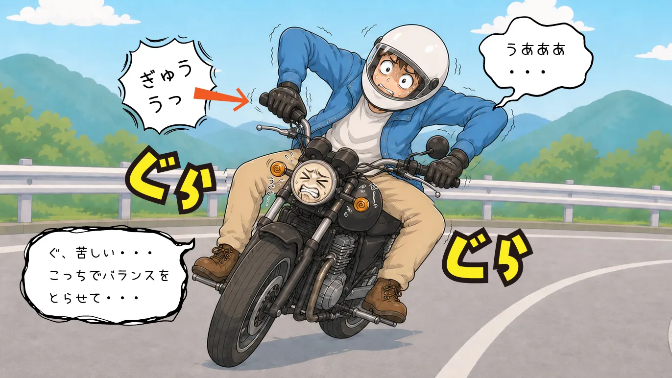 ニーグリップが弱く、ハンドルにしがみついて不安定なライダー