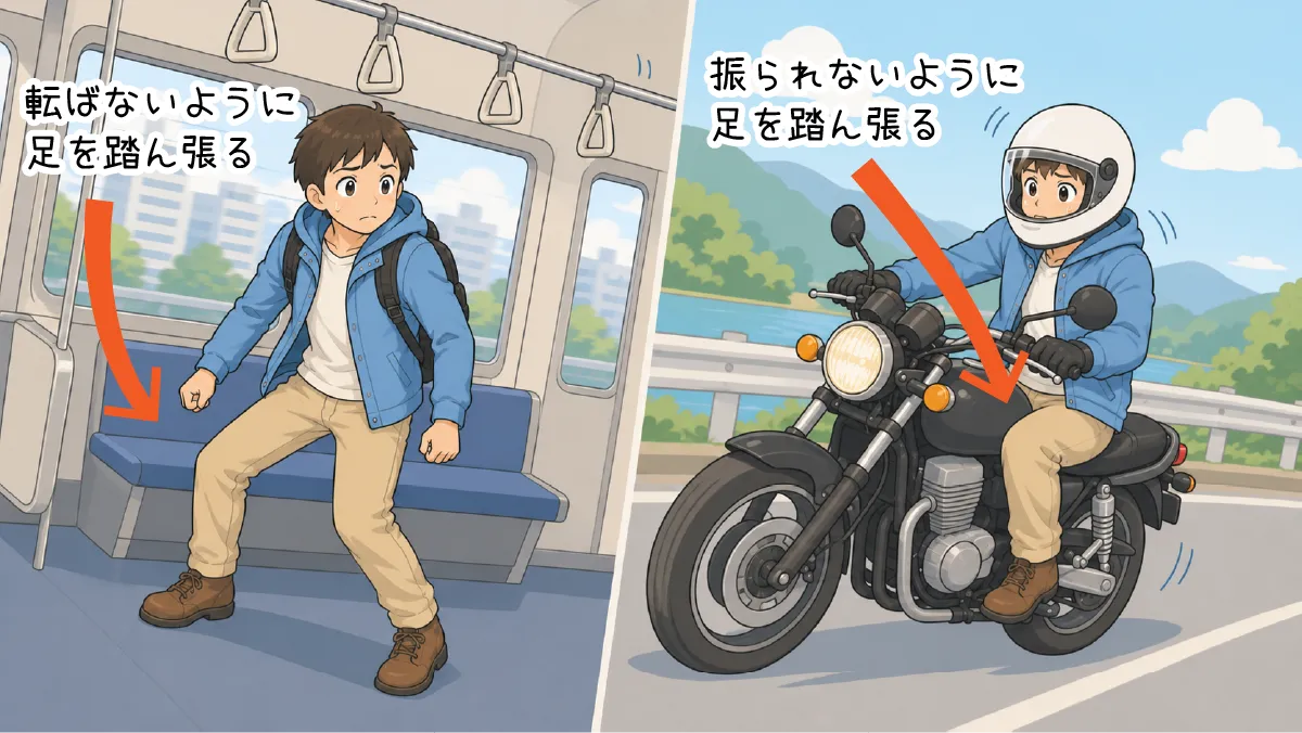 揺れる電車とオートバイの類似性を示すイラスト