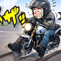 足を出しながらブレーキをかけてふらつくライダー