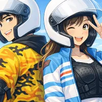 ライディングウェアを着て笑顔を見せる二人のライダー