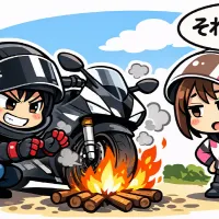 たき火でオートバイのタイヤを暖めようとするライダー