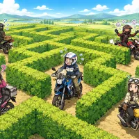 まるで千鳥バランスのような巨大迷路を楽しむライダーたちのイラスト