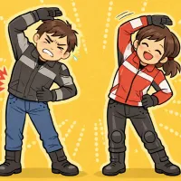 乗車前に体側を伸ばすストレッチをするライダー