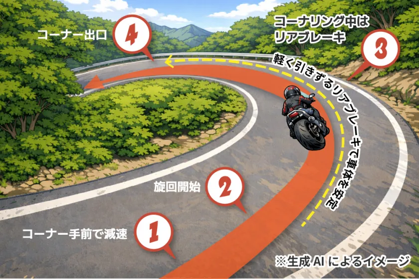コーナリング中のリアブレーキ