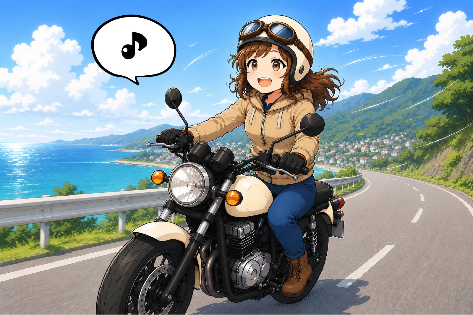 笑顔で海沿いの道をツーリングする女性ライダー
