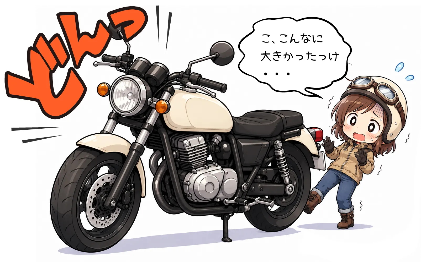 「こ、こんなに大きかったっけ…」とオートバイを前に尻込みするライダー