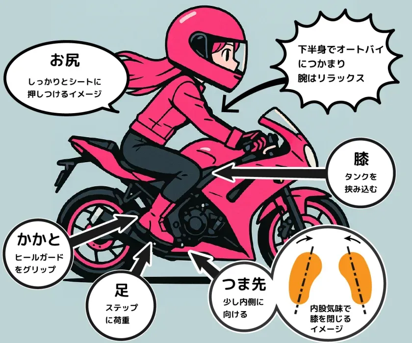 ニーグリップの図解。お尻はシートに押しつけ、膝でタンクを挟み、かかとはヒールガードをグリップ、つま先はやや内側に向ける