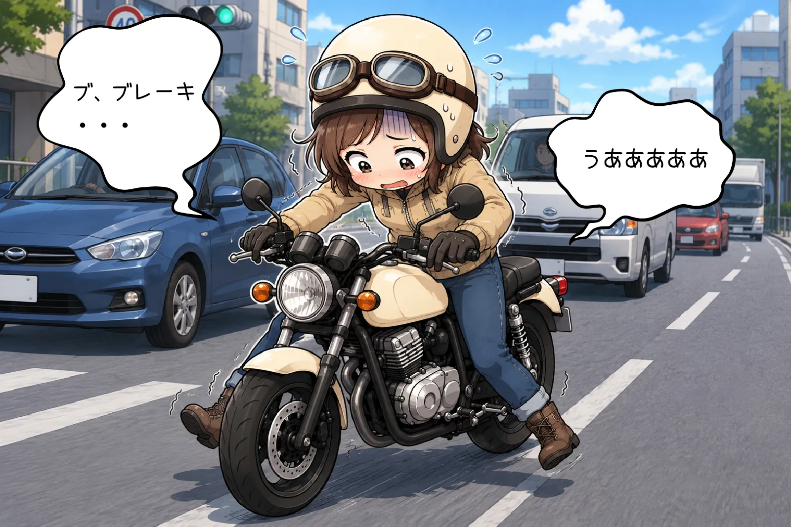 市街地で「ブ、ブレーキ…」と怖々とブレーキをかけるライダー