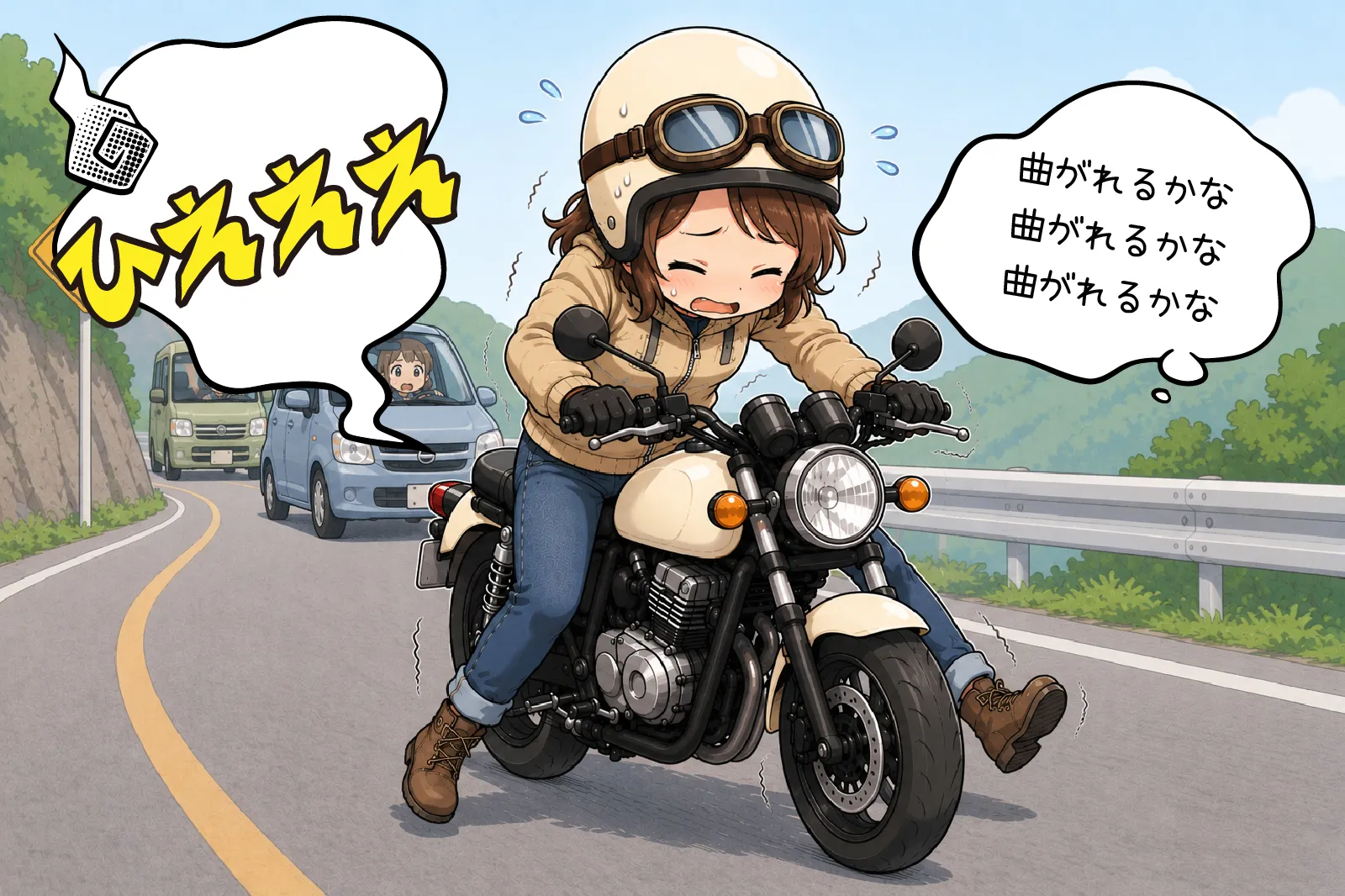 「曲がれるかな」と不安を抱えたまま峠道を走るライダー