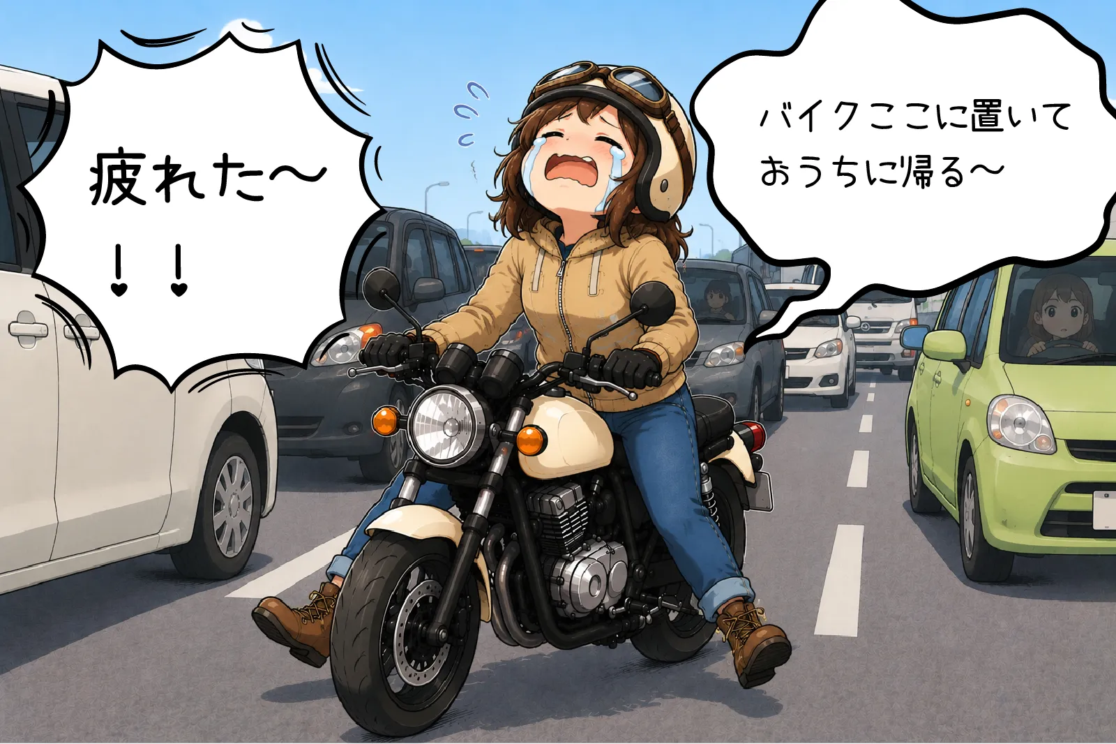 渋滞に巻き込まれ「疲れた〜」と泣き言を言うライダー