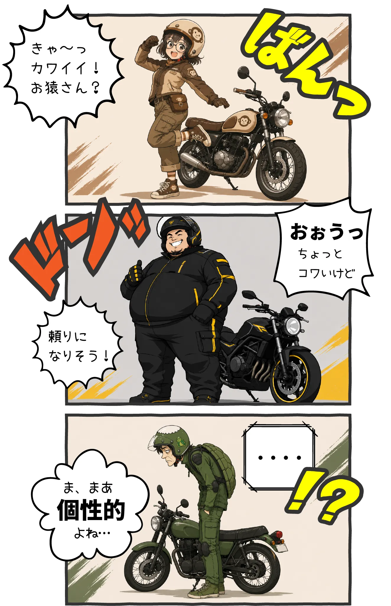 サル、ブタ、カッパを連想させるウェアを着たライダーたちのイラスト