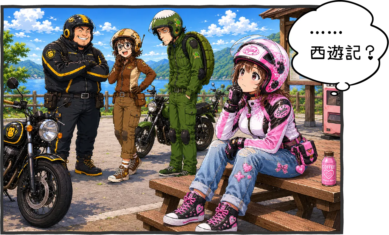 個性的な仲間を見て西遊記を連想する女性ライダーのイラスト