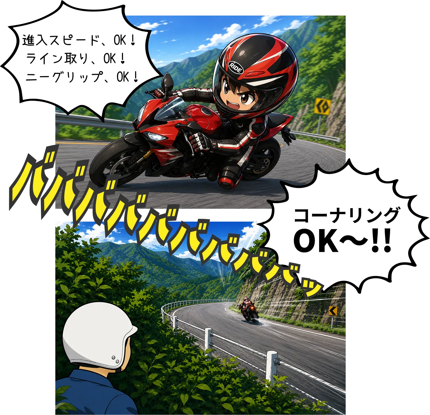進入スピード、ライン取り、ニーグリップを確認しながらコーナリングするバイクレッスンのコミック