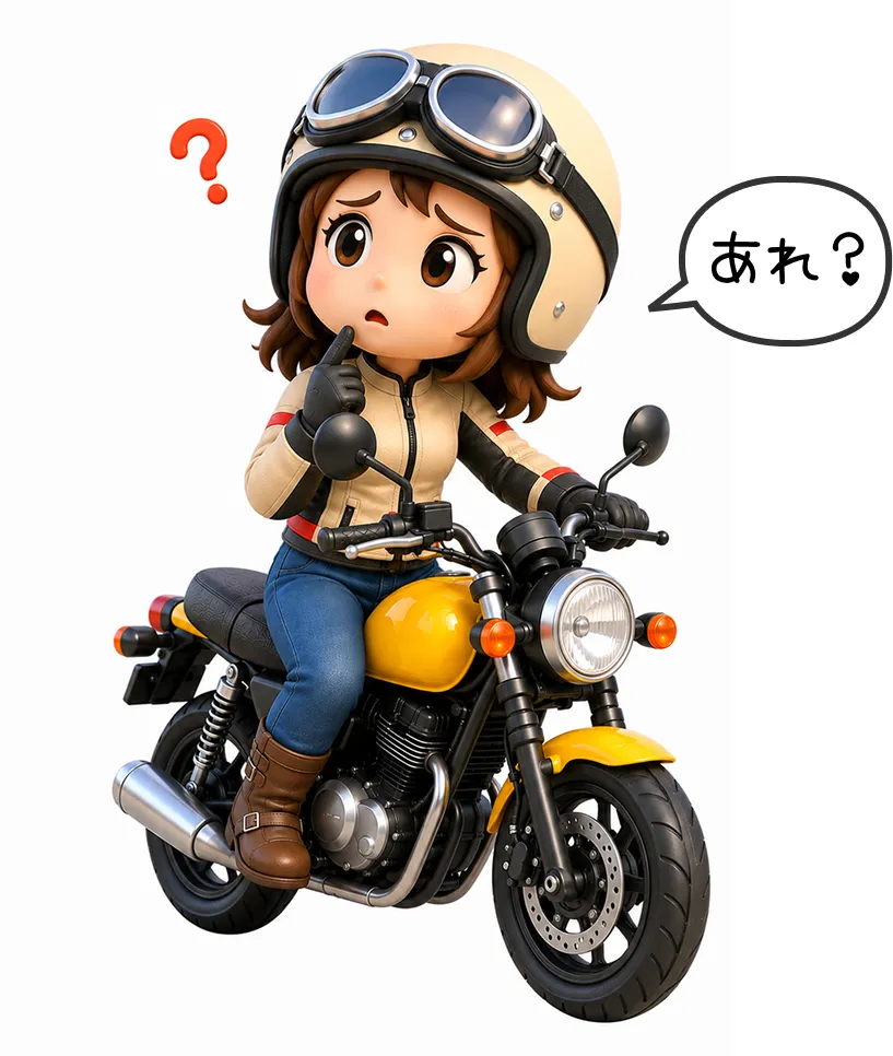 オートバイの操作がわからなくなった女性ライダーのイラスト