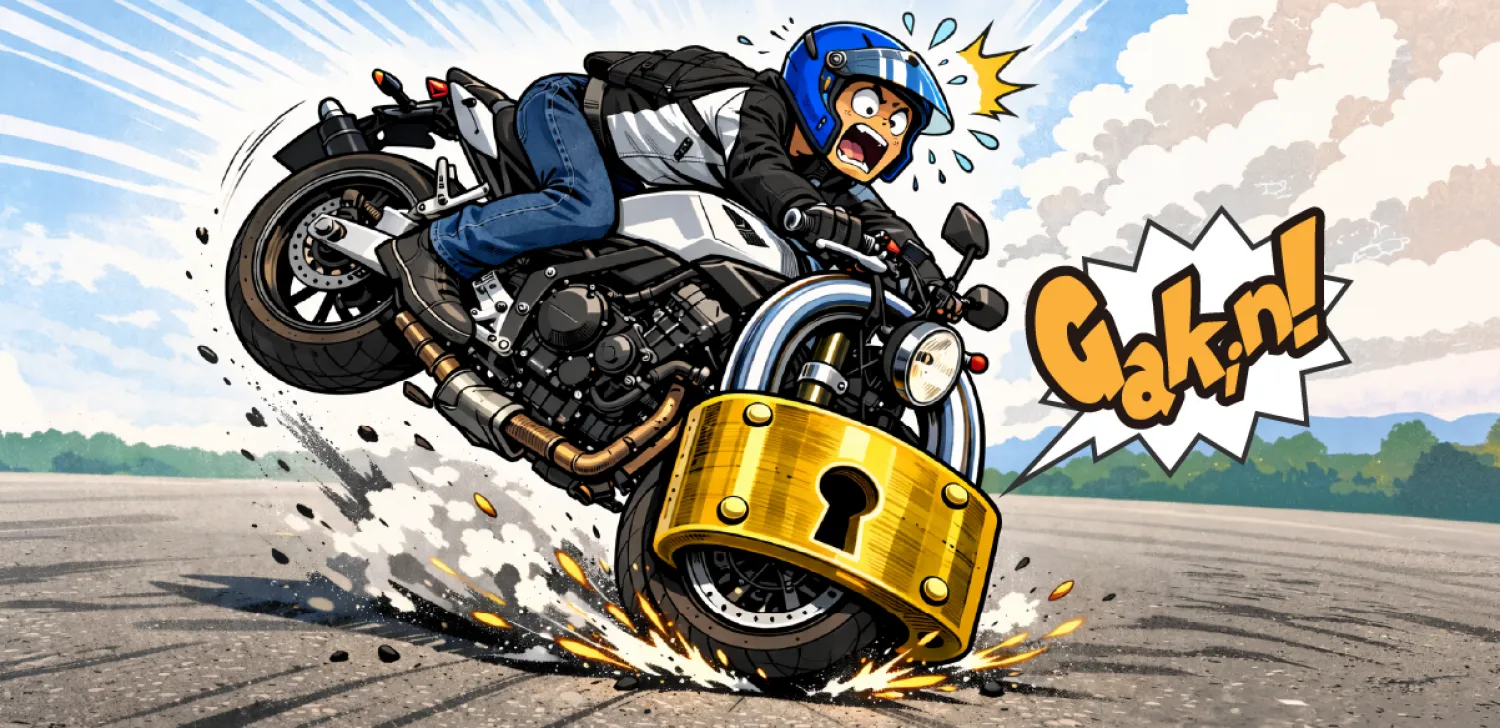 前輪をロックさせて転倒しそうになるライダー
