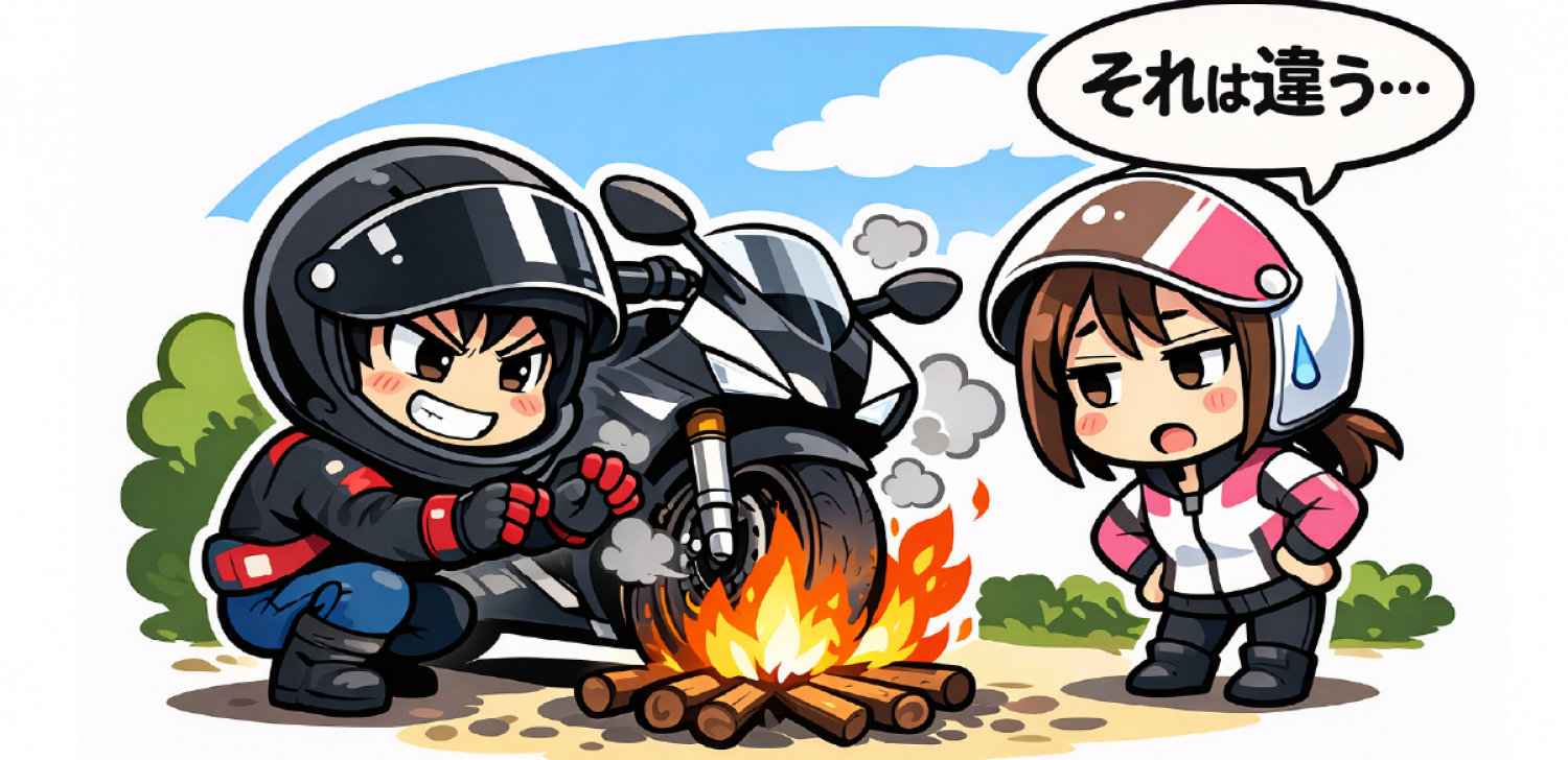 たき火でオートバイのタイヤを暖めようとするライダー