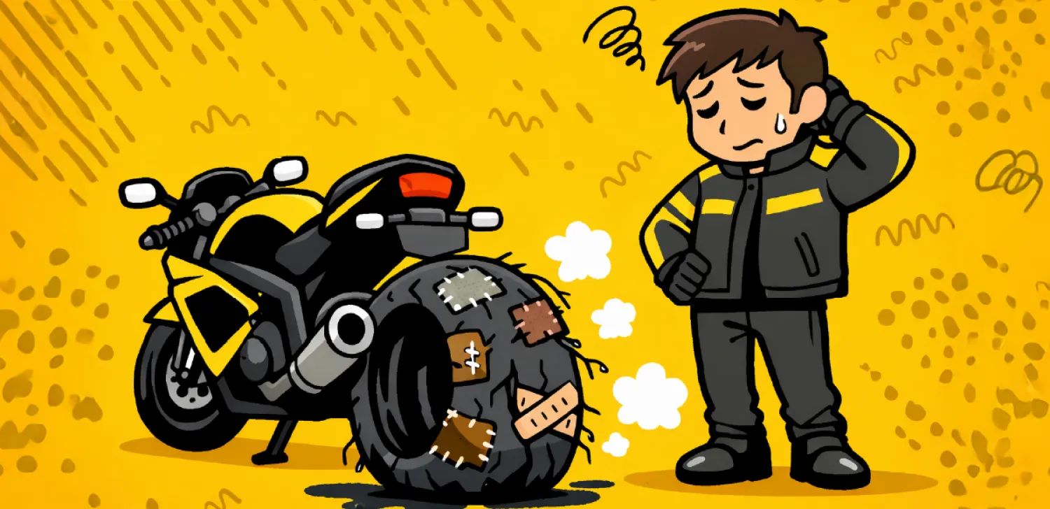 劣化してひび割れたタイヤを見て悩むライダー