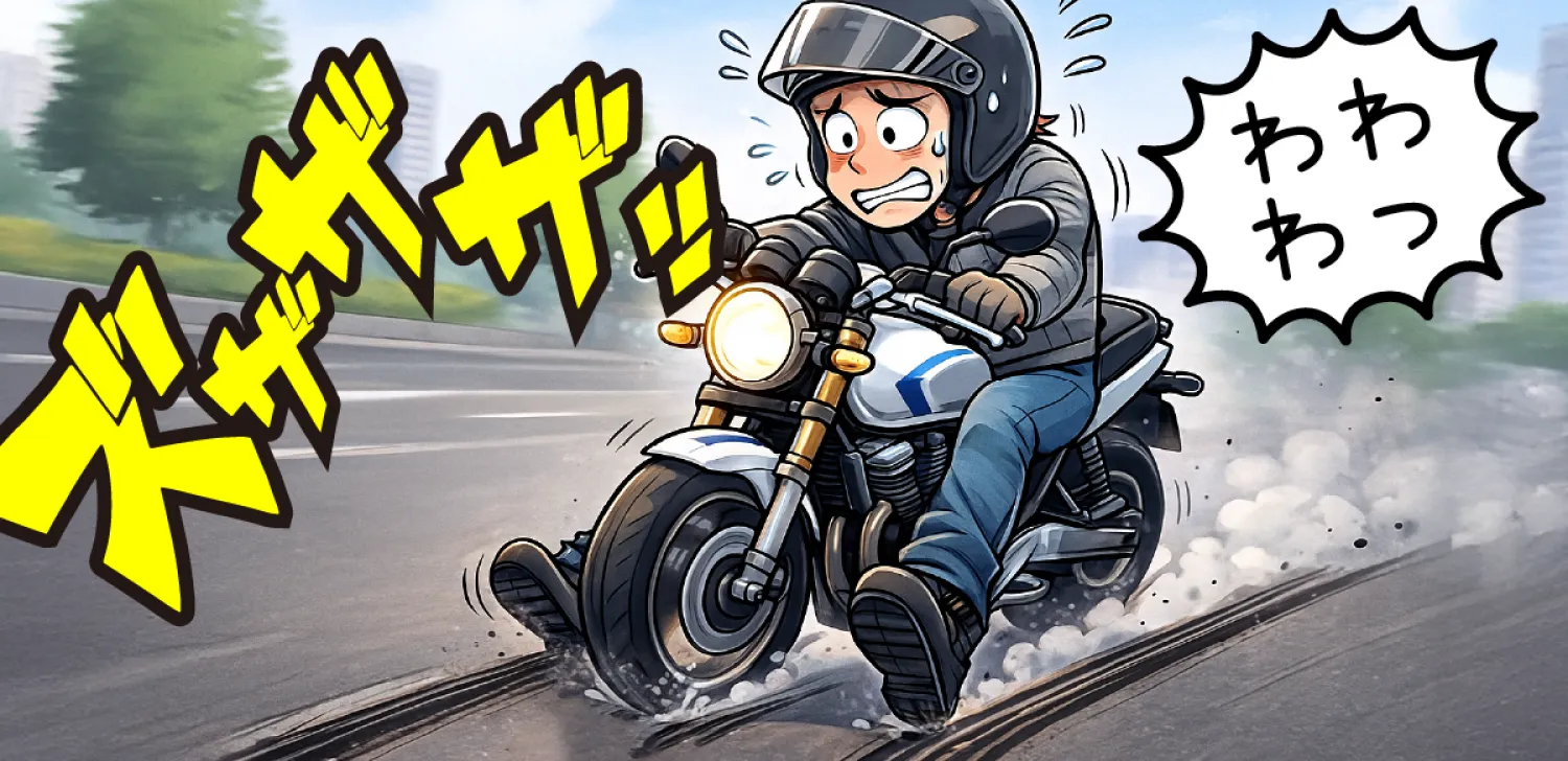 足を出しながらブレーキをかけてふらつくライダー