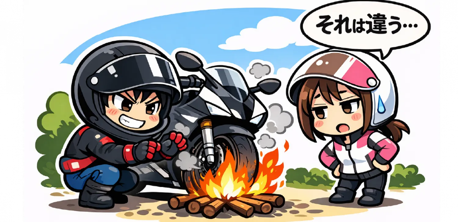 たき火でオートバイのタイヤを暖めようとするライダー