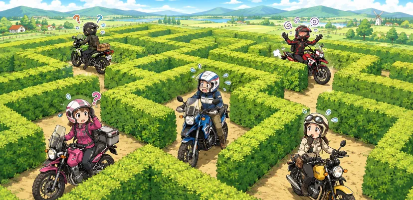 まるで千鳥バランスのような巨大迷路を楽しむライダーたちのイラスト
