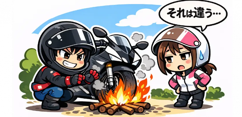 たき火でオートバイのタイヤを暖めようとするライダー