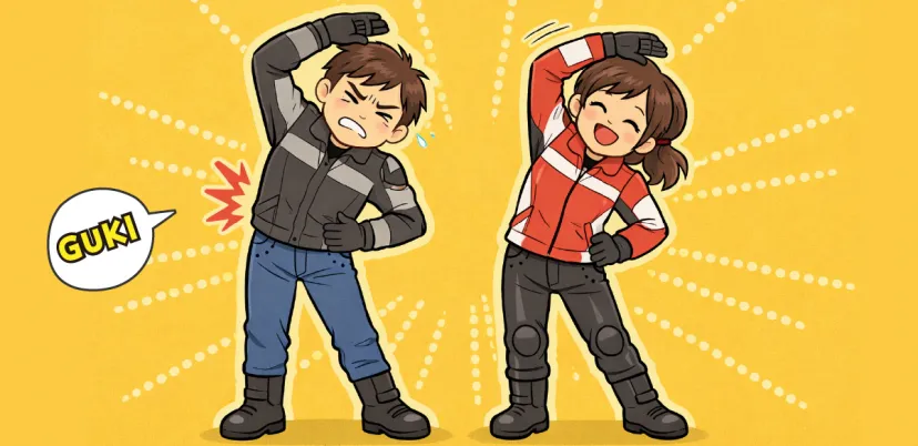 乗車前に体側を伸ばすストレッチをするライダー
