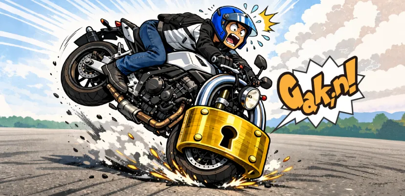 前輪をロックさせて転倒しそうになるライダー