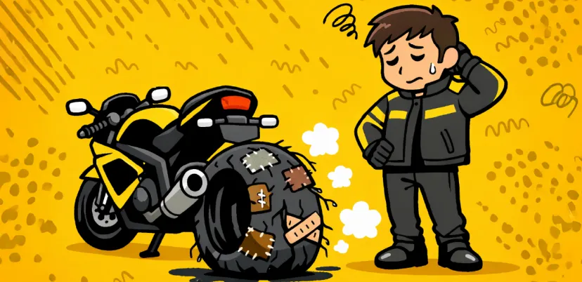劣化してひび割れたタイヤを見て悩むライダー