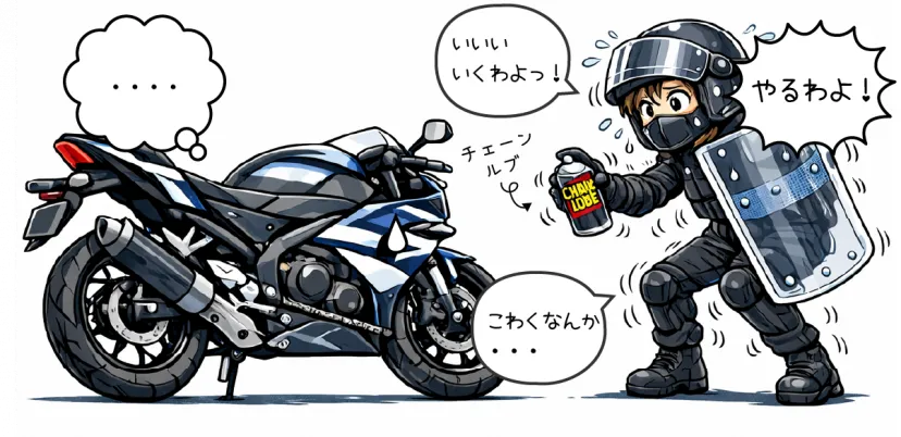 オートバイのチェーンメンテナンスに挑戦するライダー