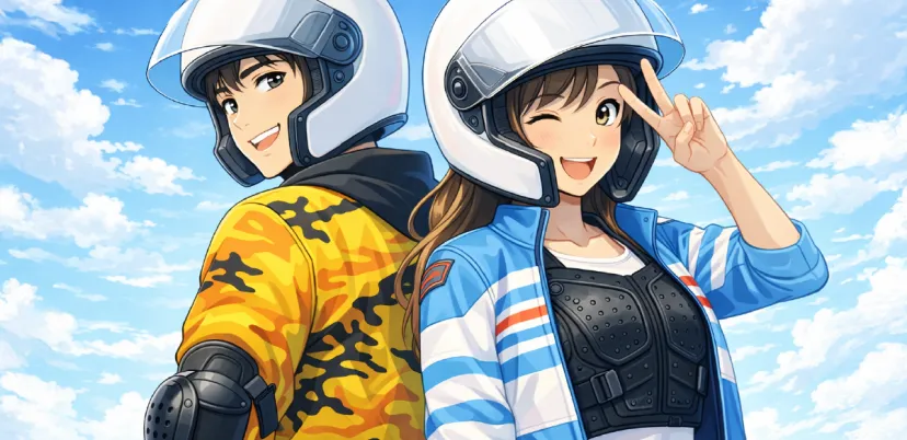 ライディングウェアを着て笑顔を見せる二人のライダー