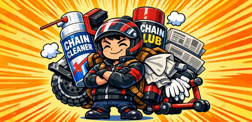 チェーン掃除に使う道具をそろえたライダー