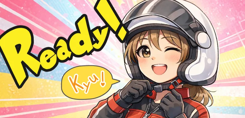 ヘルメットのあごひもを締めるライダー