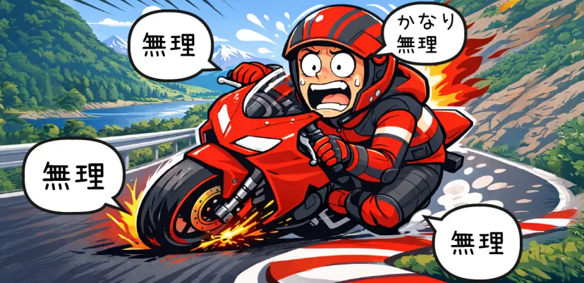 無理な姿勢でコーナリングするライダー