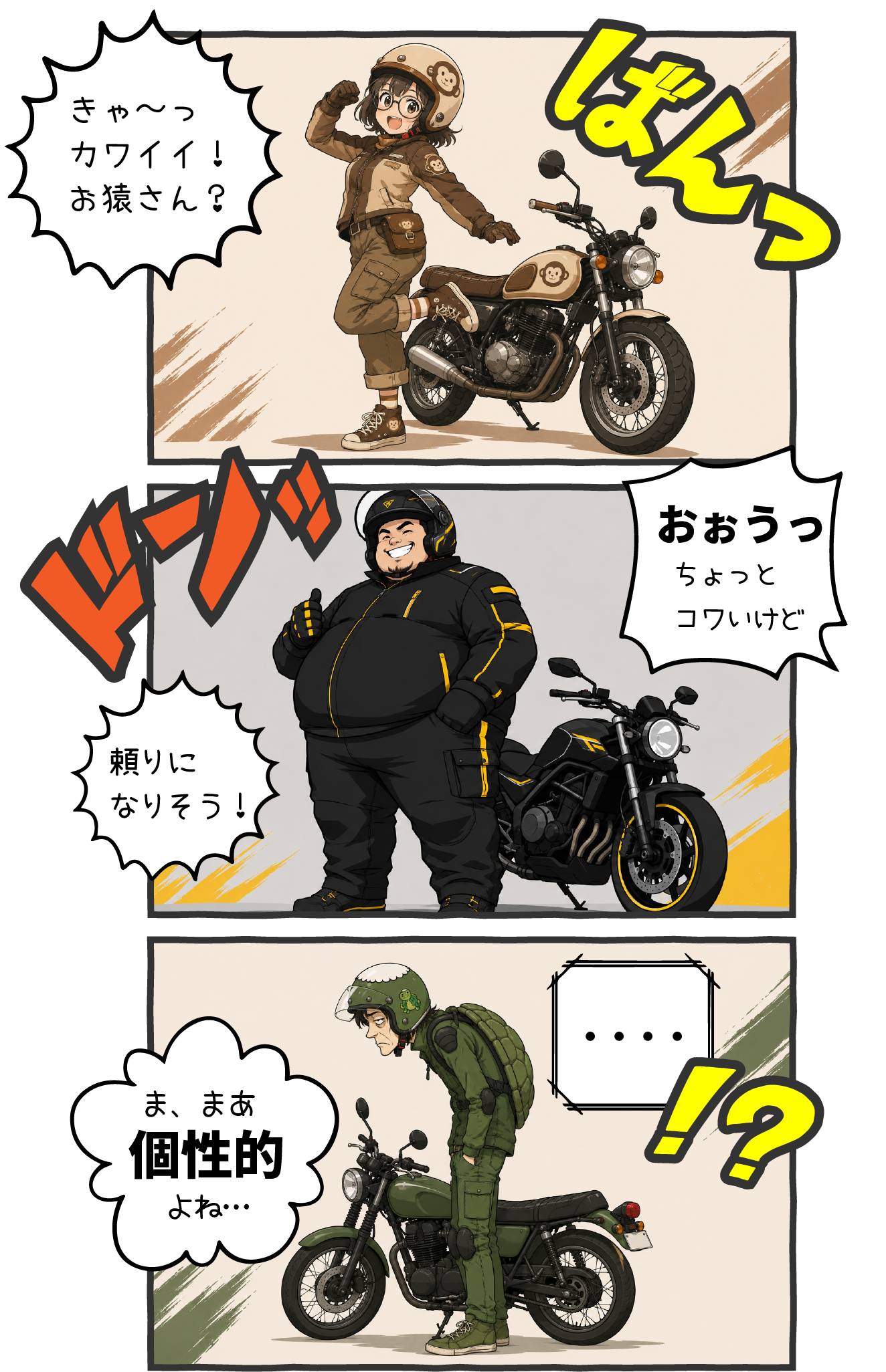 サル、ブタ、カッパを連想させるウェアを着たライダーたちのイラスト