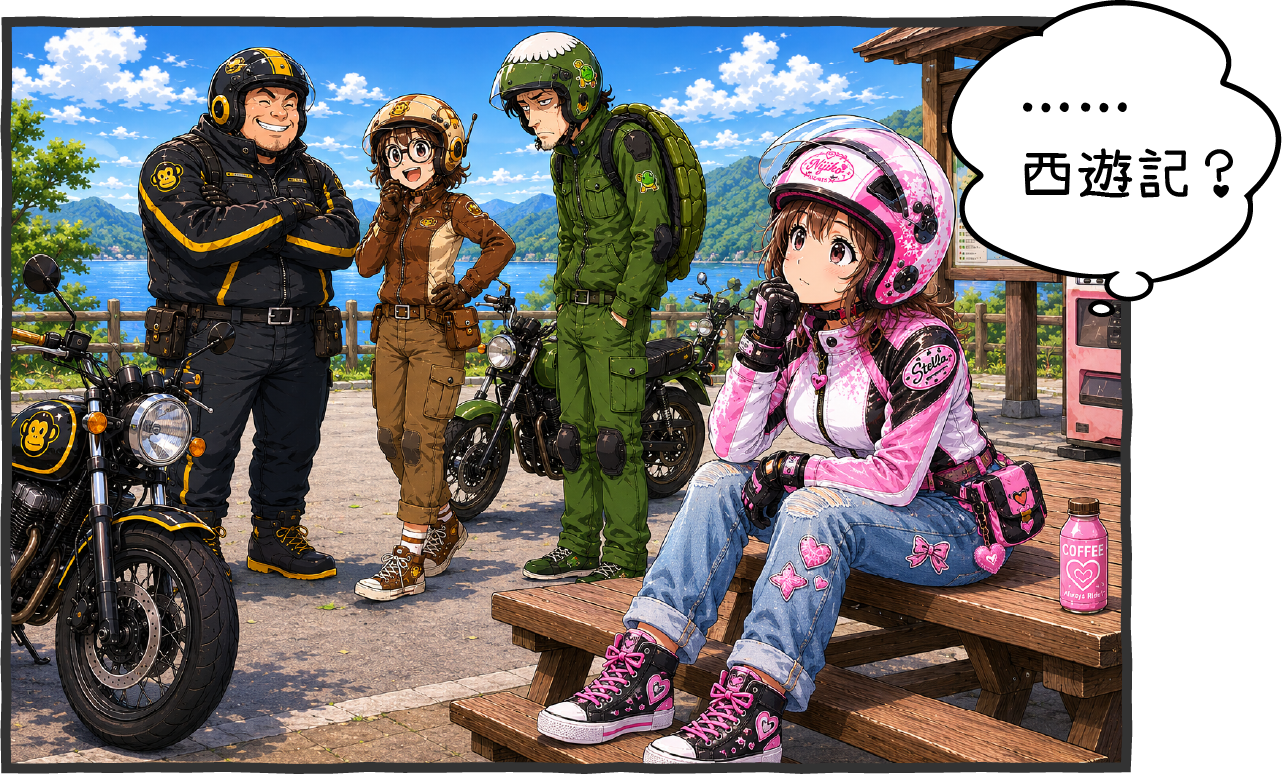 個性的な仲間を見て西遊記を連想する女性ライダーのイラスト